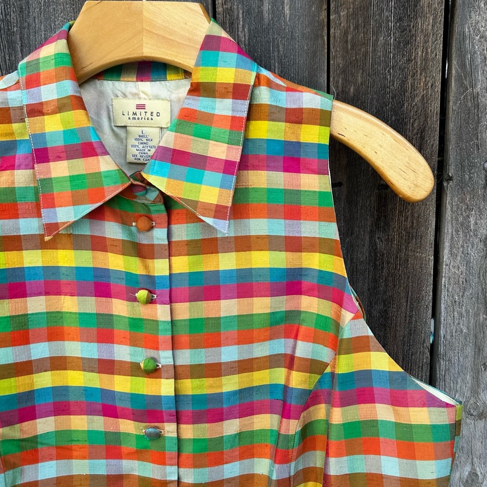 Vintage Limited America Check Plaid Silk Sleeveless Shirt Rainbow Color L - Picture 6 of 15
